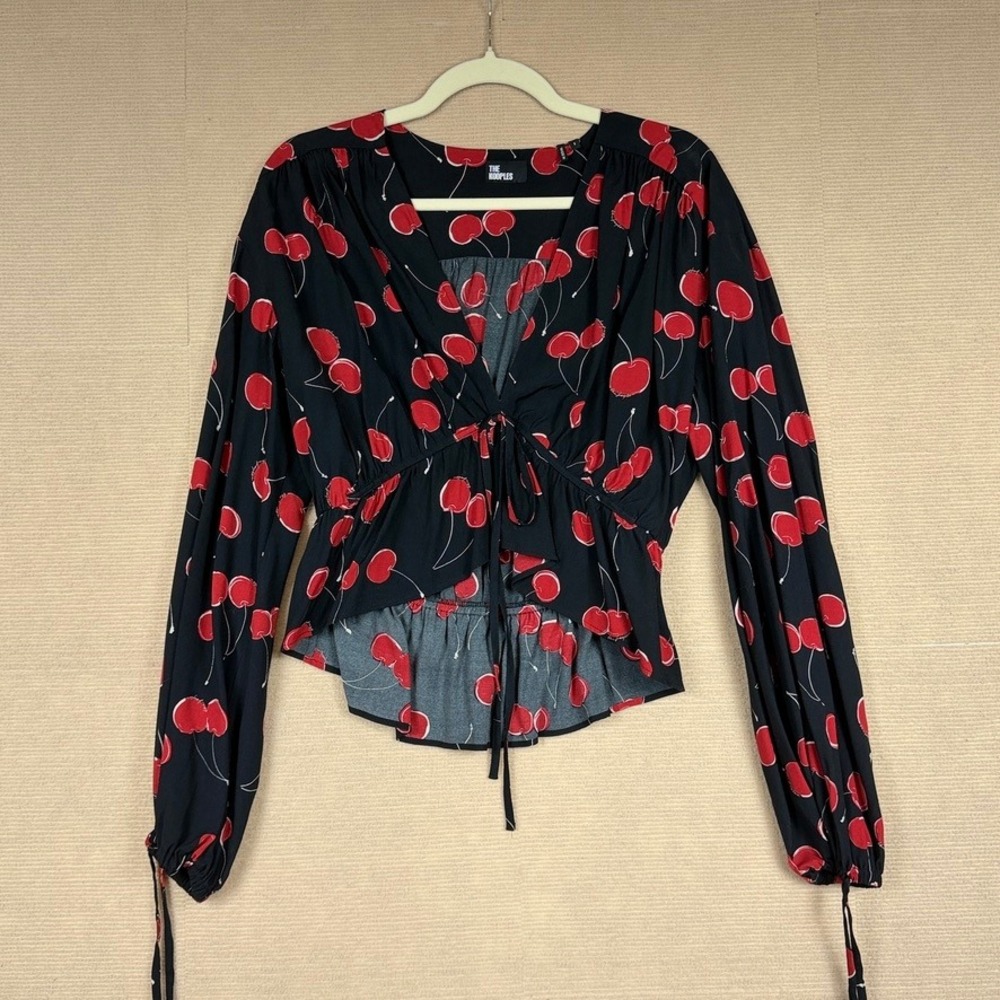 The Kooples Cherry Print Tie Front Peplum Top Black Red Long Sleeve FR 3